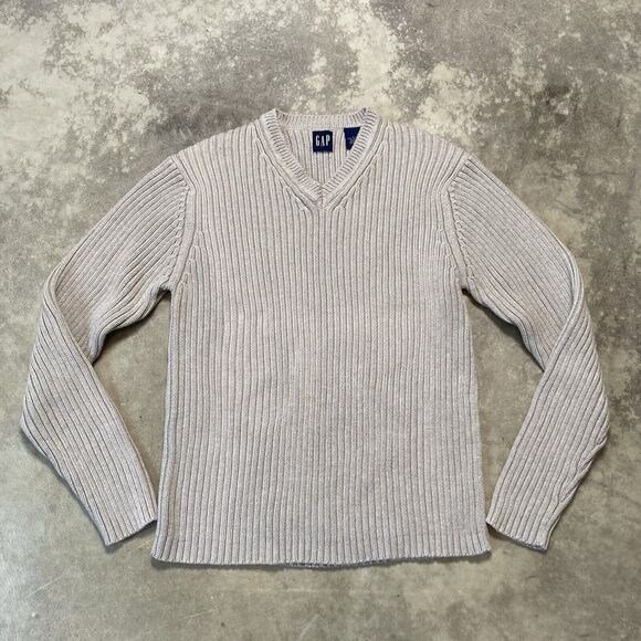 Gap Sweater Womens Large Cotton Ribbed Beige V Neck Preppy Basic Vtg - Picture 1 of 8